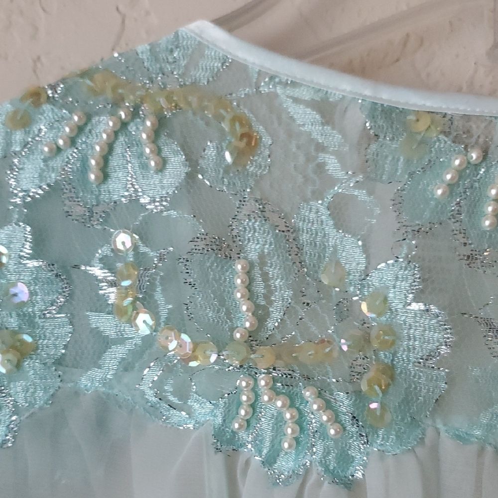 Vtg Victoria's Secret Gold Label Mint Teal Sheer Kimono Robe M Sequin Beaded - Picture 8 of 8